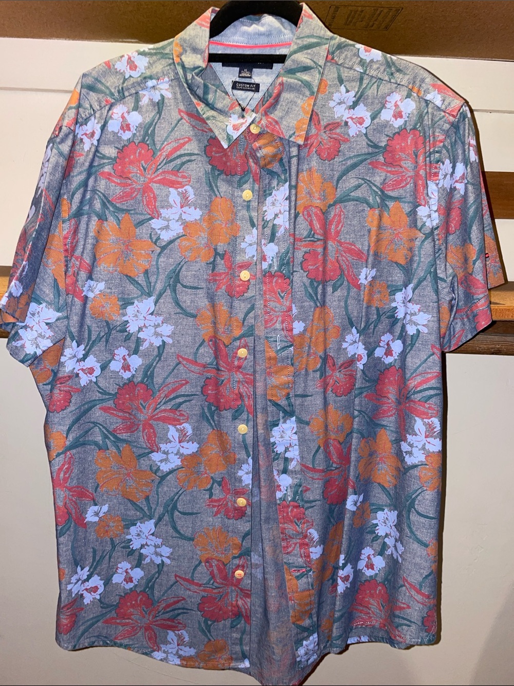 Tommy Hilfiger Blue Short-Sleeve Button-Down with Red & Orange Floral Print